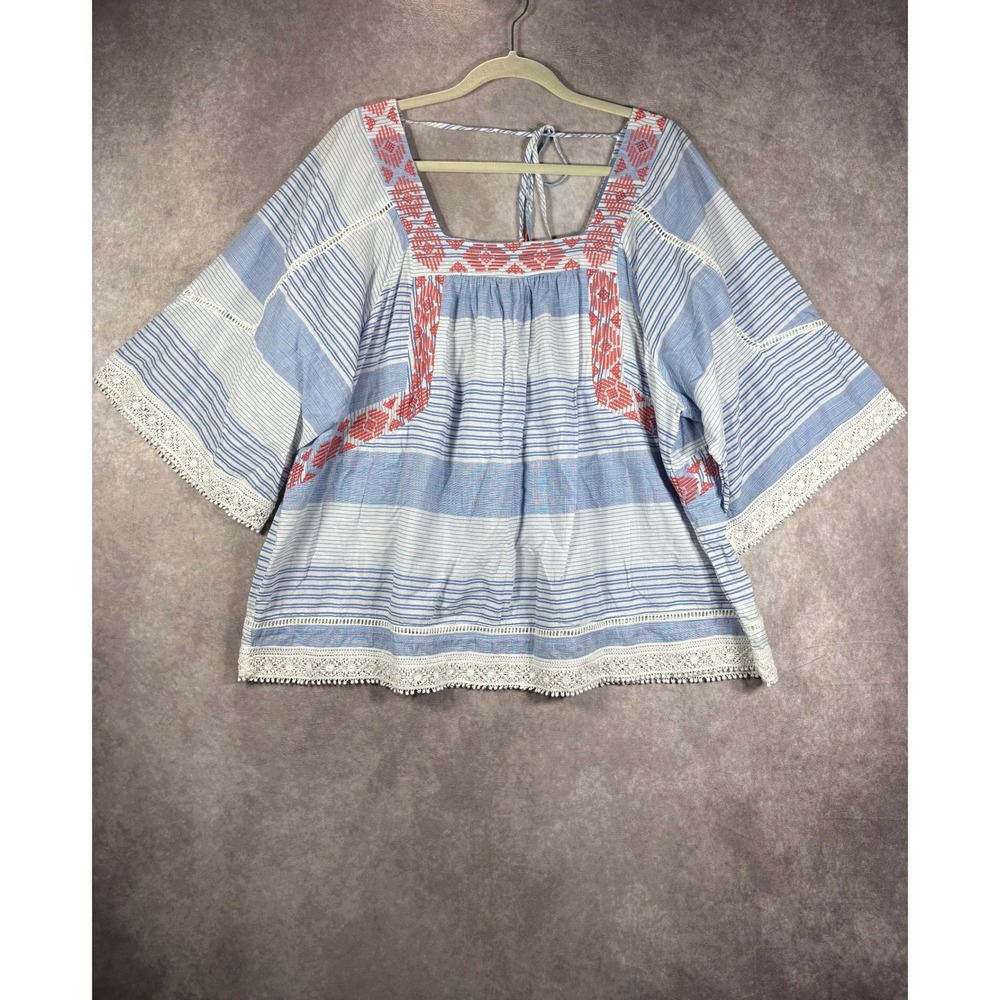 Democracy Blouse Womens 2X Blue Boho Coastal Embroidered Lace Trim Bell Sleeve